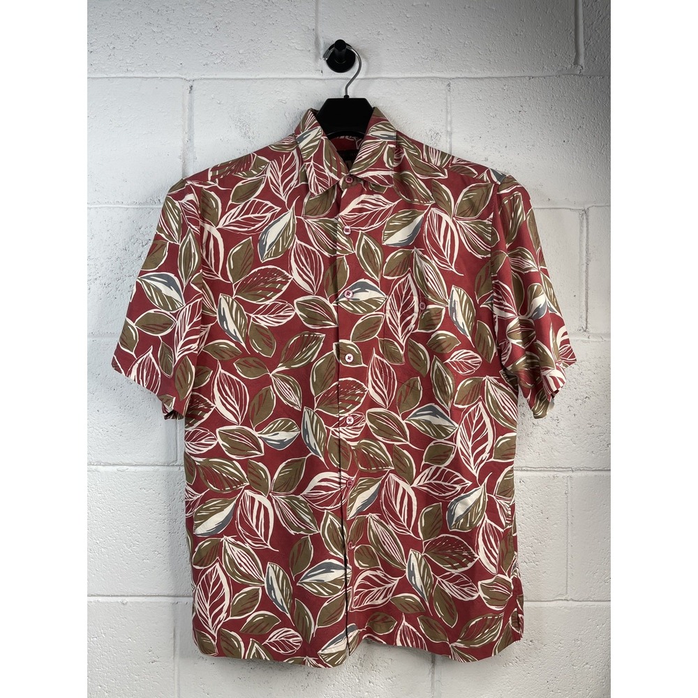 Tori Richard Silk Shirt M Red Brown Tropical Leaf Hawaiian Aloha Camp Shirt